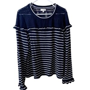Maison Jules Navy White Striped Lace Yoke Ruffle Long Sleeve Top XL